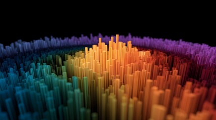 A colorful abstract data visualization featuring concentric rings of vertical bars in a spectrum of vibrant hues