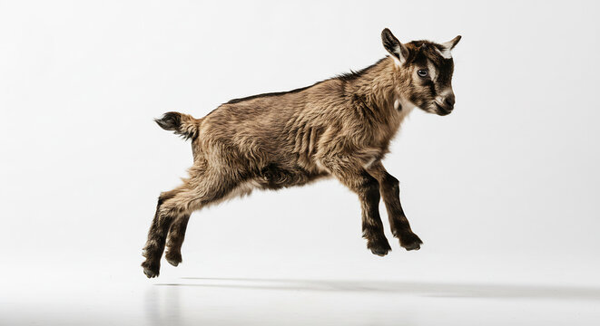 Petit chevreau marron bondit avec agilite en l'air eclairage studio vif et propre fond blanc pur moment joyeux. AI Generated