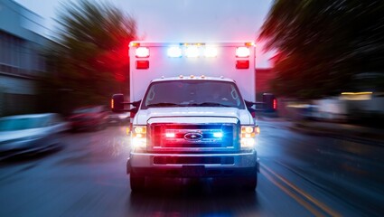 Night ambulance with flashing lights rushing forward on wet road with strong glare and speed streaks
