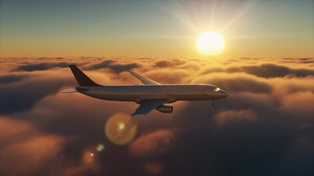 Passenger plane flying above cloudscape with golden sunset illuminating the scene during travel