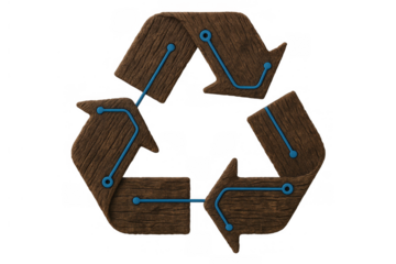 Recycling symbol made from textured wood. Blue circuit lines representing technology connecting the arrows. Transparent background