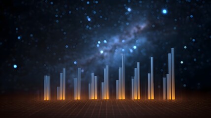 A futuristic abstract data graph with glowing orange bases stands against a cosmic starry galaxy background
