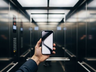 Hand Displaying Phone in Sleek, Reflective Elevator Interior