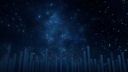 Abstract futuristic cityscape composed of geometric bars and columns under a vast deep blue starry night sky with a glowing cosmic nebula