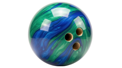 Isolated bowling ball with unique marbled finish of green and blue, ready for a game