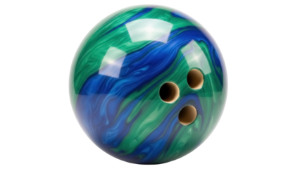 Isolated bowling ball with unique marbled finish of green and blue, ready for a game