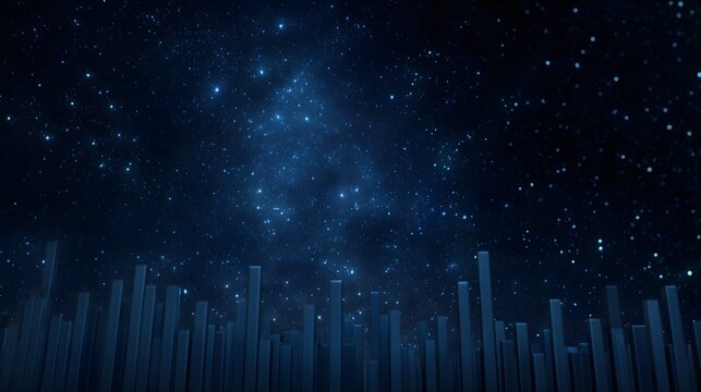 Abstract futuristic cityscape composed of geometric bars and columns under a vast deep blue starry night sky with a glowing cosmic nebula - Powered by Adobe