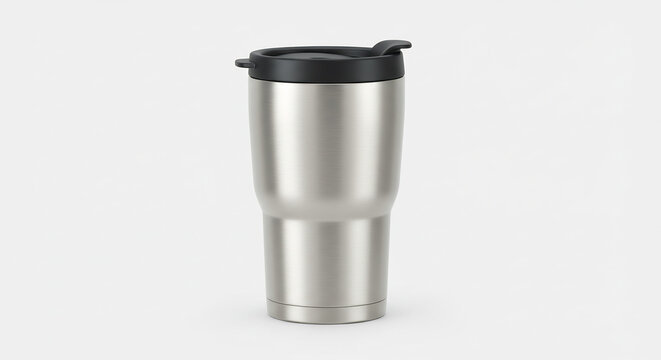 Gobelet isotherme moderne en acier argent� bross� couvercle noir pur isol� sur fond blanc �clatant studio. AI Generated