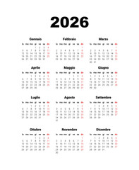 2026 Calendar in Italian. Full months for wall calendar, isolated wall background. Calendar template for Italy start from Monday