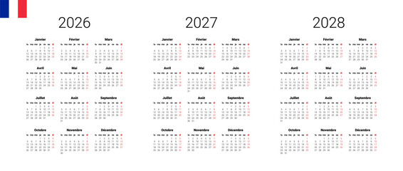 isolated wall background. Vector illustration design template start from monday. Full months for wall calendar. French 2026, 2027, 2027 calendar.