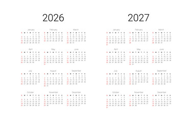 English 2026, 2027 calendar start from Sunday. Vector illustration design template for USA, Canada.