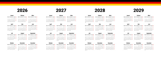 Full months for wall calendar. isolated wall background. Vector design template start from monday. Germany 2026, 2027, 2028, 2029 calendar.