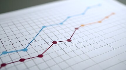 Close up view of a line graph with two colored lines and data points on a grid illustrating upward trends and analysis