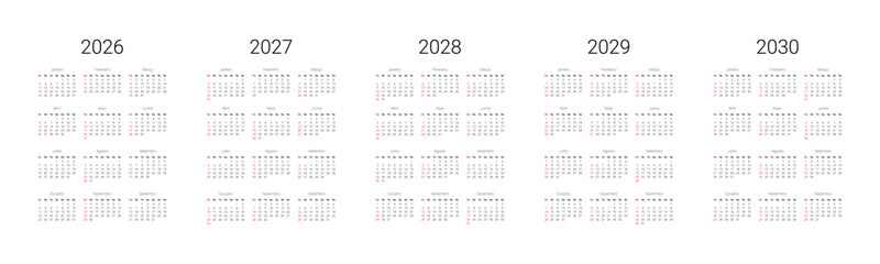 Full months for wall calendar, isolated wall background. Calendar template for Brazil start from Sunday. 2026, 2027, 2028, 2029, 2030 Calendar in Portuguese