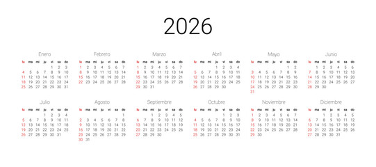 Vector illustration design template for wall background. Full months for wall calendar. Spanish 2026 calendar start from Sunday