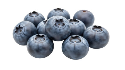 Isolated fruit selection depicts ten ripe blueberries viewed against a plain backdrop, healthy food
