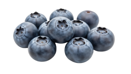 Isolated fruit selection depicts ten ripe blueberries viewed against a plain backdrop, healthy food