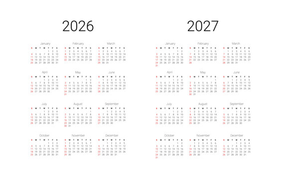 English 2026, 2027 calendar start from Sunday. Vector illustration design template for USA, Canada.