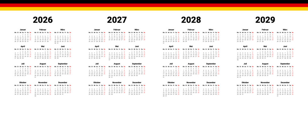 Full months for wall calendar. isolated wall background. Vector design template start from monday. Germany 2026, 2027, 2028, 2029 calendar.