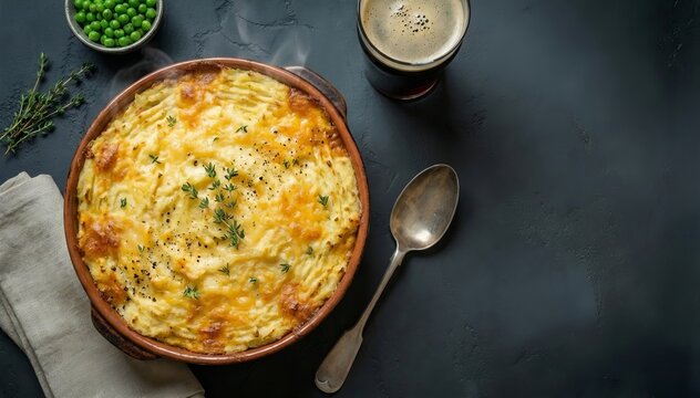 Delicious homemade shepherds pie with a golden brown crust.