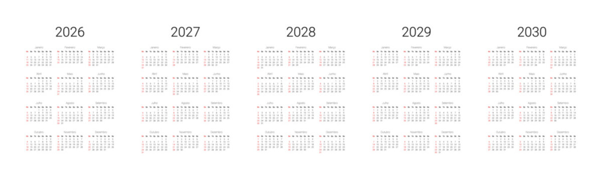 Full months for wall calendar, isolated wall background. Calendar template for Brazil start from Sunday. 2026, 2027, 2028, 2029, 2030 Calendar in Portuguese