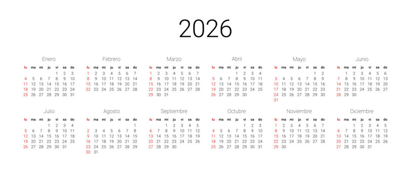 Vector illustration design template for wall background. Full months for wall calendar. Spanish 2026 calendar start from Sunday