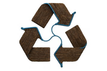 Wood recycle symbol with blue fluid line, representing sustainability, ecological responsibility, earth friendly living, green energy