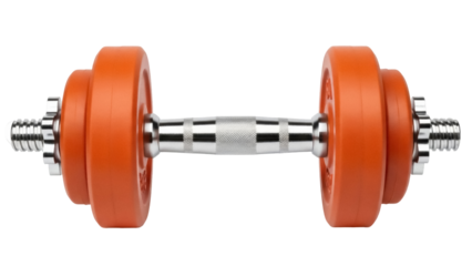 Isolated adjustable dumbbell with orange plates for strength and conditioning exercises