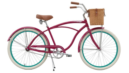 Isolated bicycle features a front basket, fenders, and whitewall tires for a comfortable ride