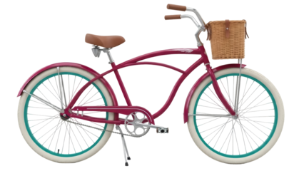 Isolated bicycle features a front basket, fenders, and whitewall tires for a comfortable ride