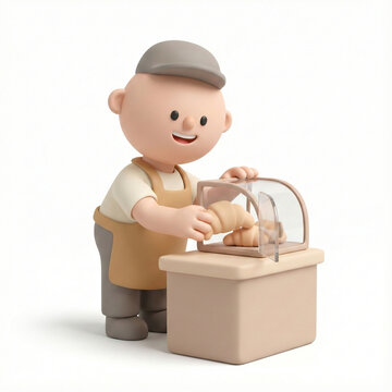Barista placing pastries into display case, 3D illustration