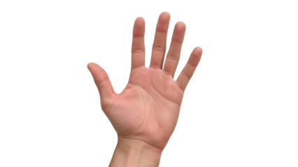 Isolated human hand showing five fingers extended upward in gesture of stopping or high-five