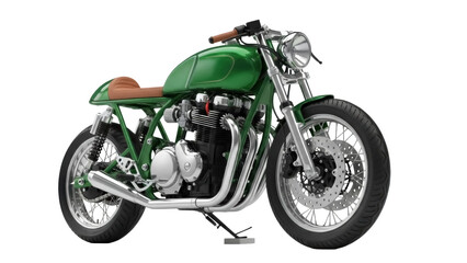 Isolated green cafe racer motorcycle featuring a brown leather seat on a display stand