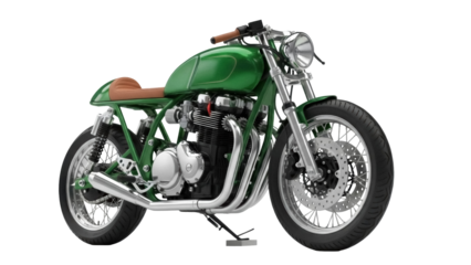Isolated green cafe racer motorcycle featuring a brown leather seat on a display stand