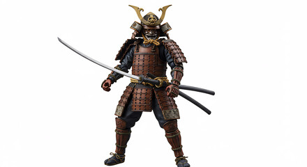 Obraz premium Guerrier samoura� d�taill� en armure traditionnelle tient fi�rement son katana ancien sous une lumi�re vive. AI Generated