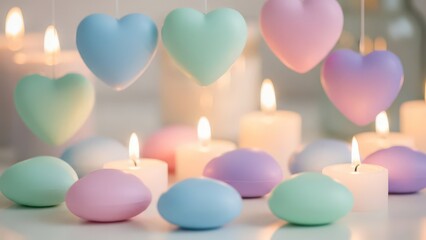 Pastel Heart Shaped Candles and Floating Candles Create a Romantic Ambiance.