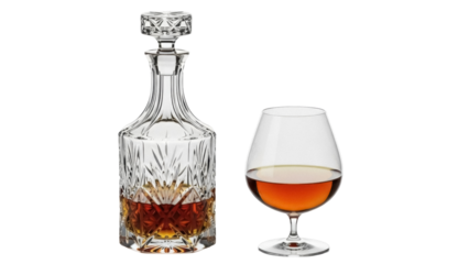 Isolated liquor decanter with stopper & full glass for luxury spirits, scotch, or brandy