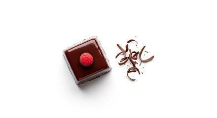 Delicious chocolate dessert decorated with a fresh raspberry on a white background