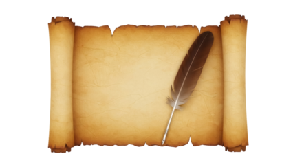 Isolated brown feather quill on vintage scroll parchment ready to write antique letter