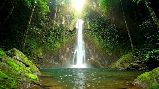Serene Tropical Jungle Waterfall cascading into a tranquil blue pool surrounded by lush green foliage and sunlight filtering through trees