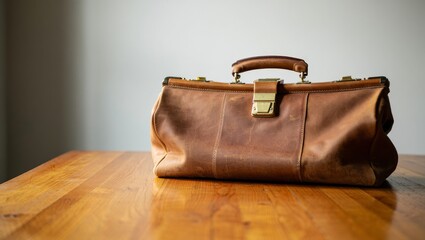 doctor bag on wooden table in side perspective with soft daylight and smooth leather folds in detail