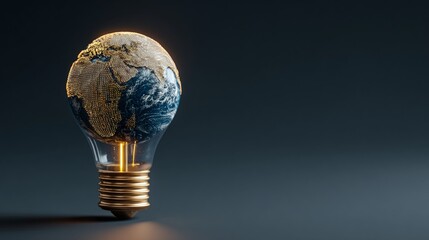 Illuminating Innovation: An artistic rendering of Earth enclosed within a lightbulb, symbolizes bright ideas for global sustainability, poised against a modern backdrop.