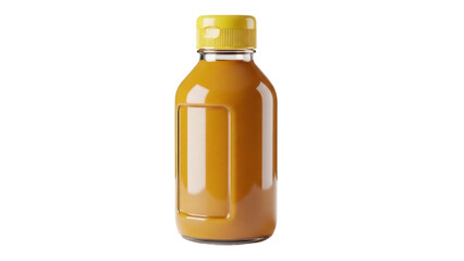 Isolated bottle of yellow liquid product, healthy drink with yellow cap, no label, healthy