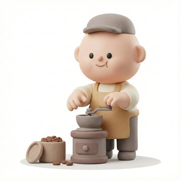 Barista using coffee grinder machine for espresso beans, 3D illustration
