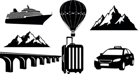 Black silhouette vector set featuring cruise ship, hot air balloon, mountain peaks, viaduct bridge, suitcase trolley, and taxi car icons
