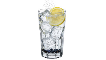 Isolated glass of water with ice cubes and lemon slice for refreshing summer drinks concept