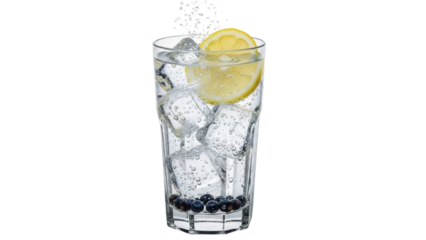 Isolated glass of water with ice cubes and lemon slice for refreshing summer drinks concept