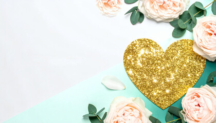 Luxury floral border with pastel flowers and a sparkling golden heart on a light background with text space. Elegant, romantic backdrop for beauty, cosmetics, invitations or greeting card design