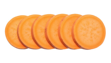 Isolated slices of sweet potato arranged horizontally, ready for cooking, healthy ingredient
