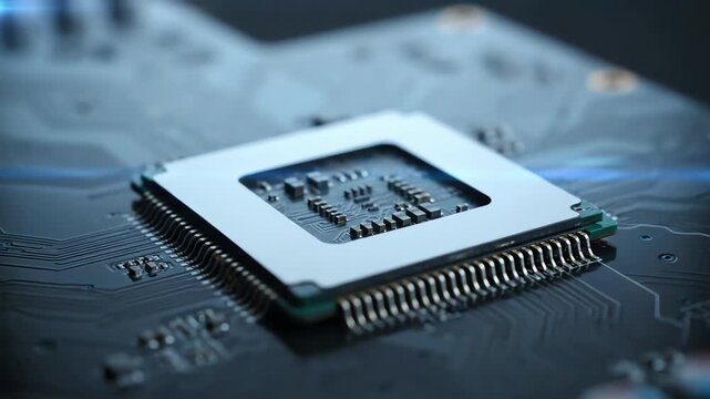 Close Up Shot of a High Tech Computer Processor Microchip on a Circuit Board with Blue Lights